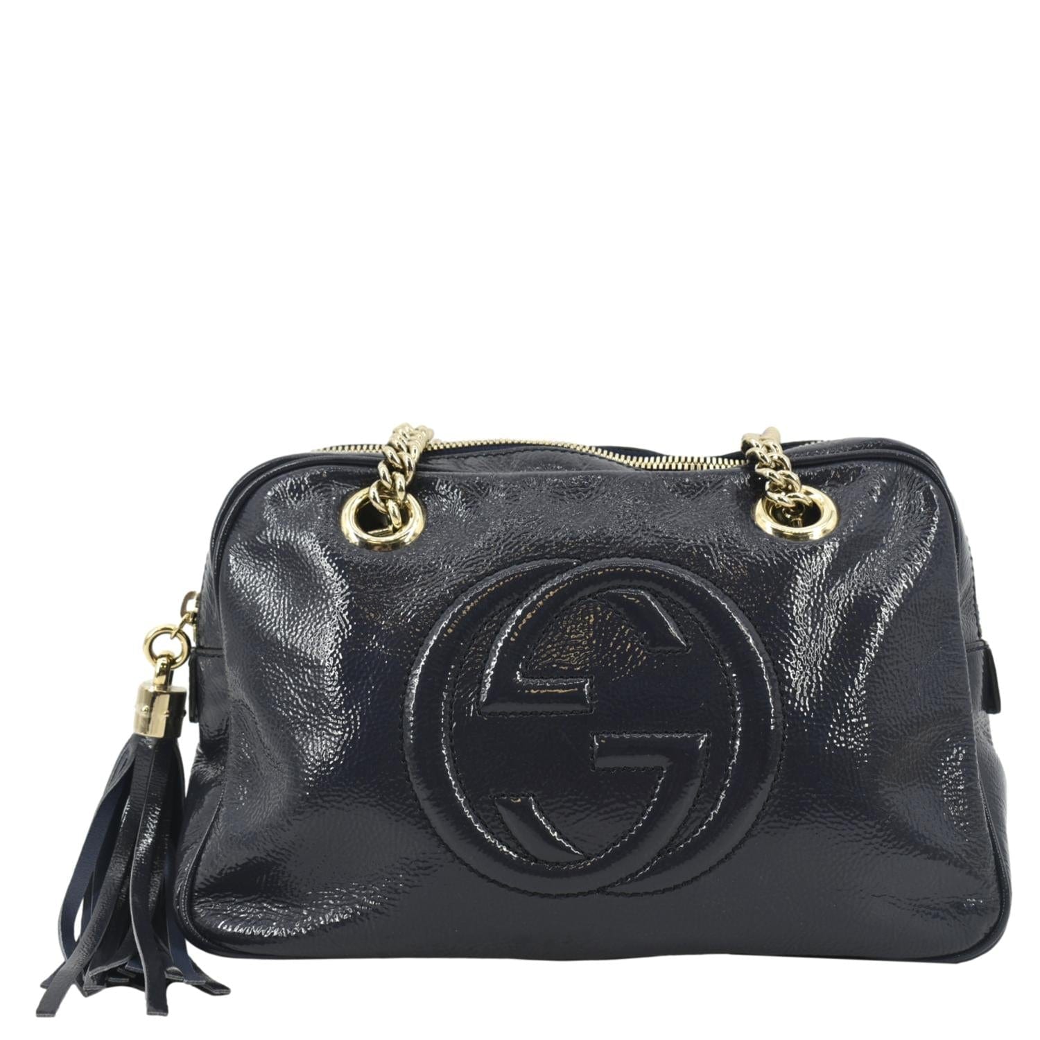 GUCCI Soho Leather Chain Shoulder Bag Navy Blue 308983