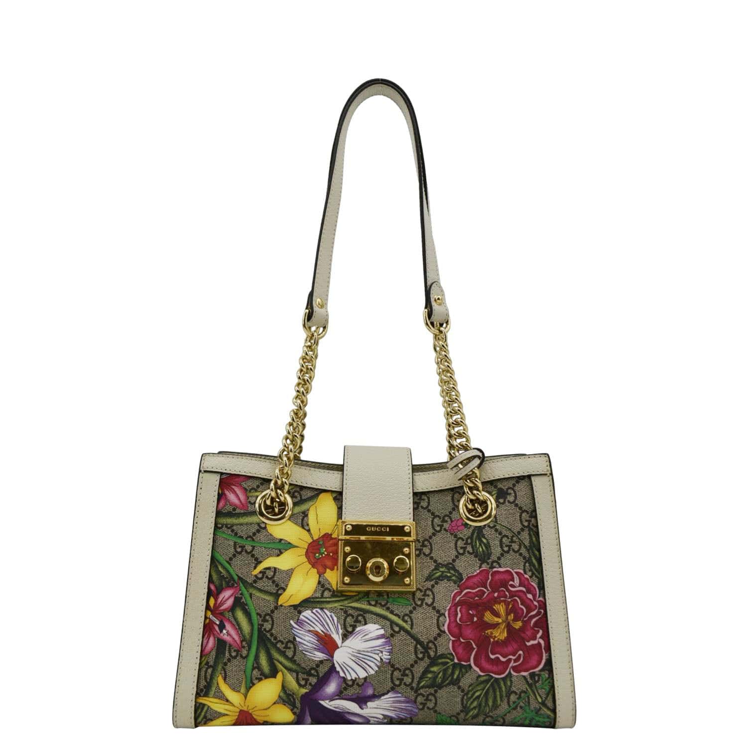 GUCCI Padlock Flora Small GG Supreme Canvas Shoulder Bag Beige 498156