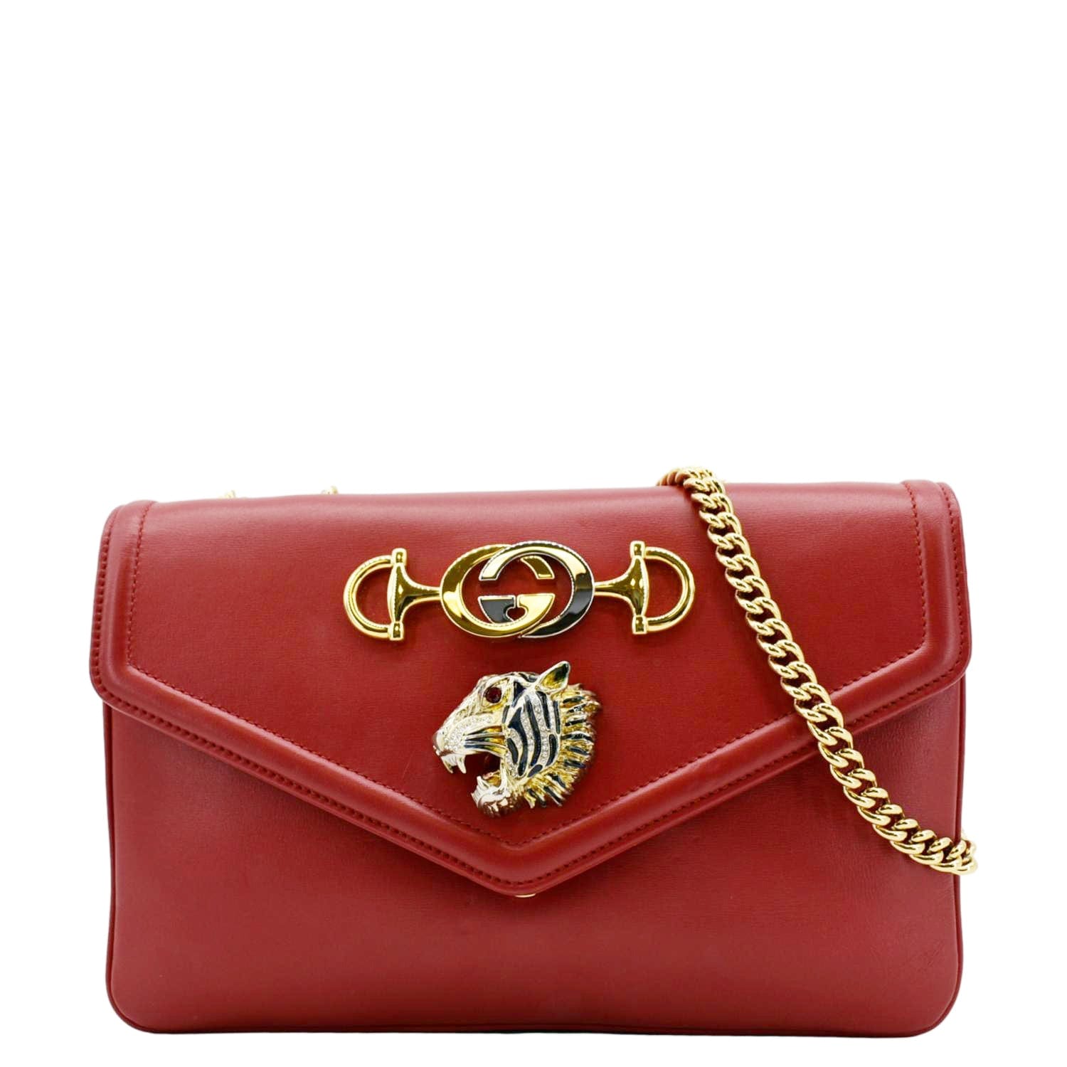 GUCCI Rajah Tiger Head Leather Chain Shoulder Bag Red 537241