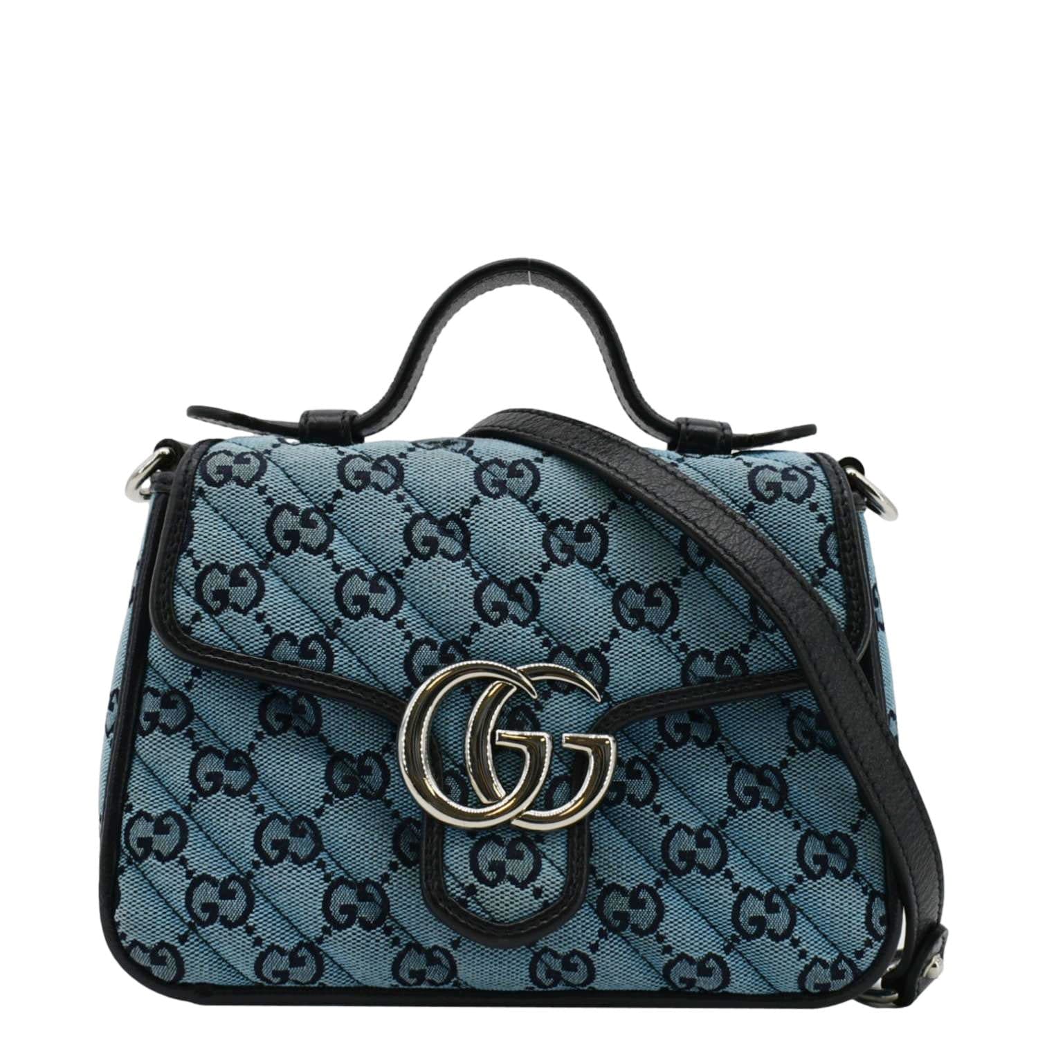 GUCCI GG Marmont Mini Top Handle Canvas Crossbody Bag Blue 583571