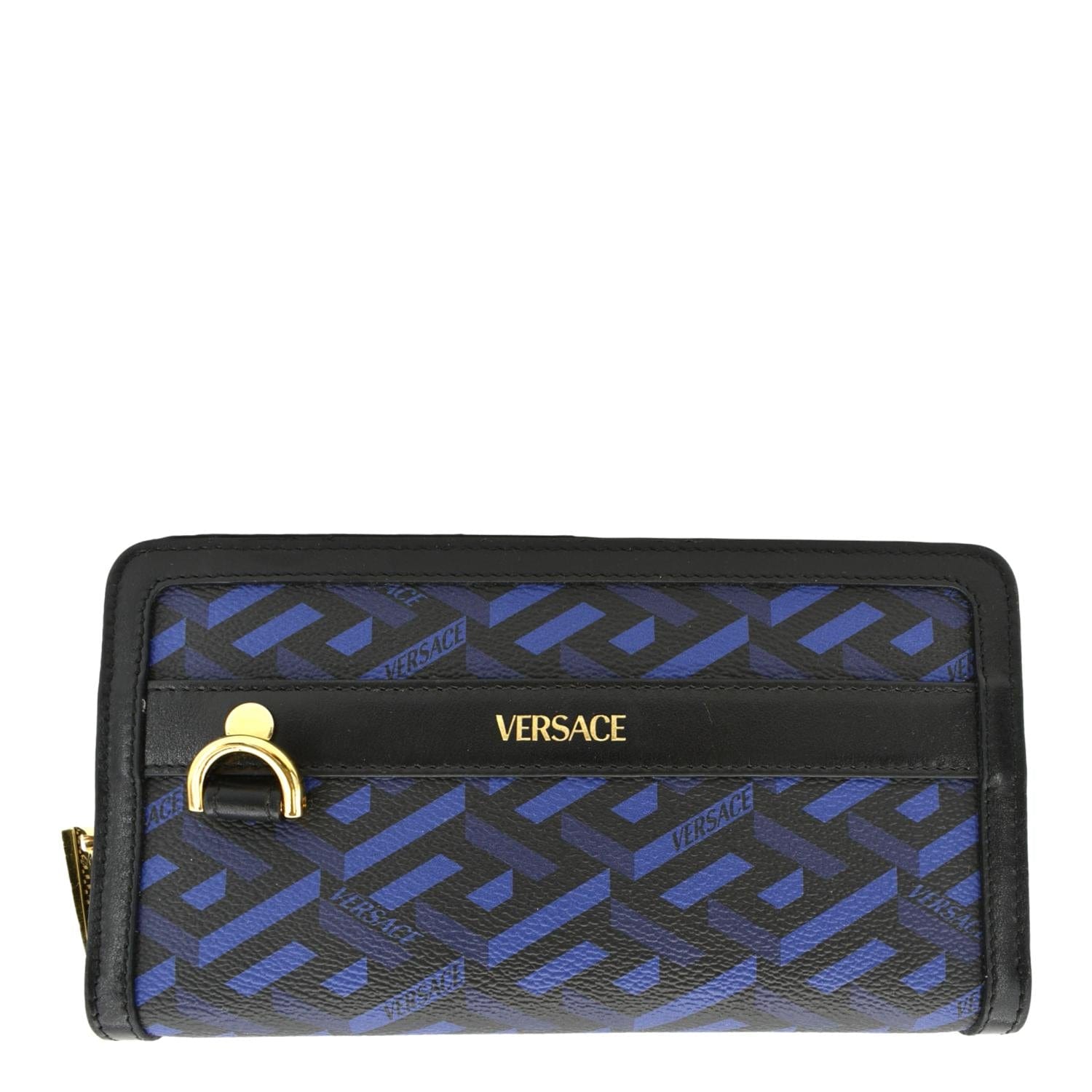 VERSACE  La Greca Coated Canvas Long Zip Wallet Blue