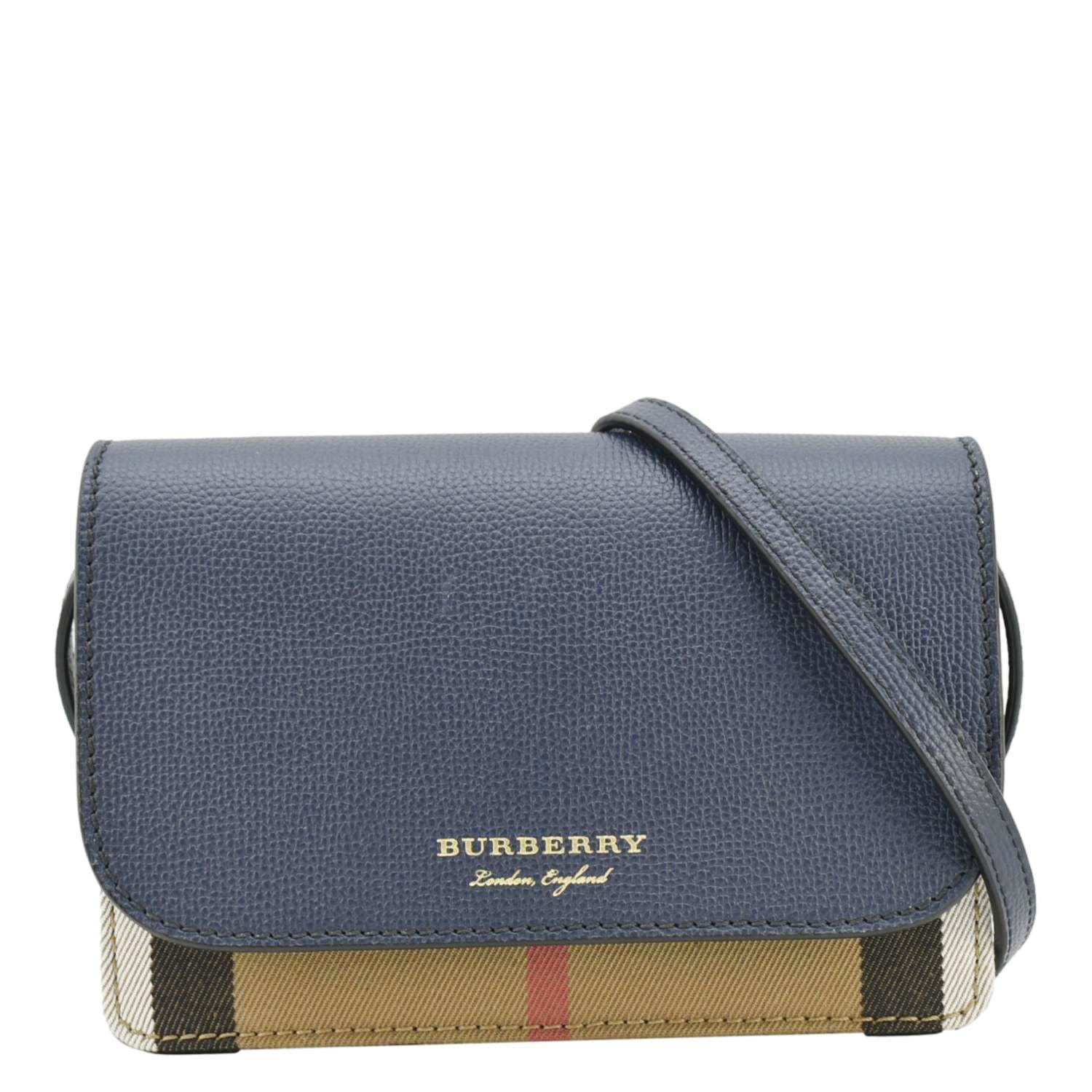 BURBERRY Hampshire Small House Check Wallet On Chain Crossbody Bag Navy Blue