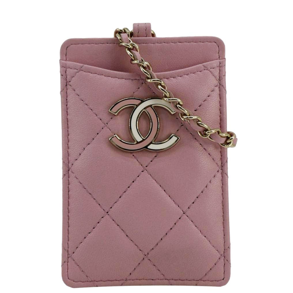 CHANEL CC Quilted Lambskin Leather Chain ID Card Holder Pink