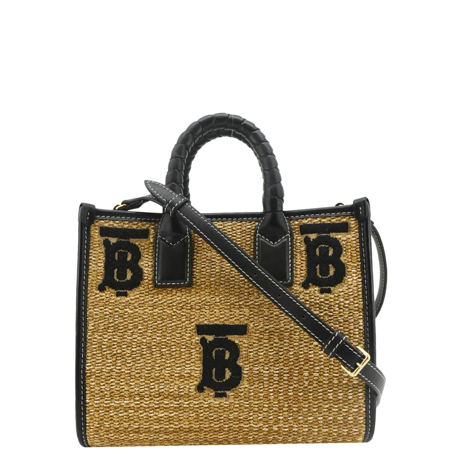 BURBERRY Freya Mini Raffia Tote Shoulder Bag Black