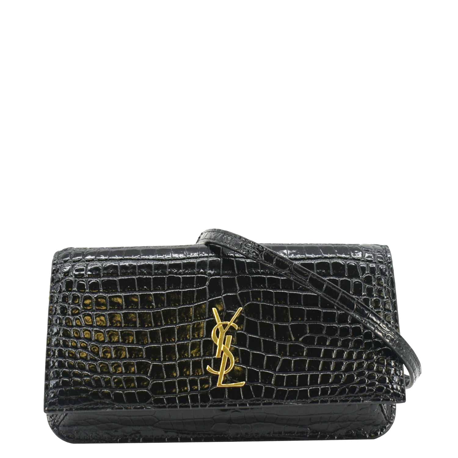 YVES SAINT LAURENT Monogram Crocodile Embossed Leather Phone Holder Black