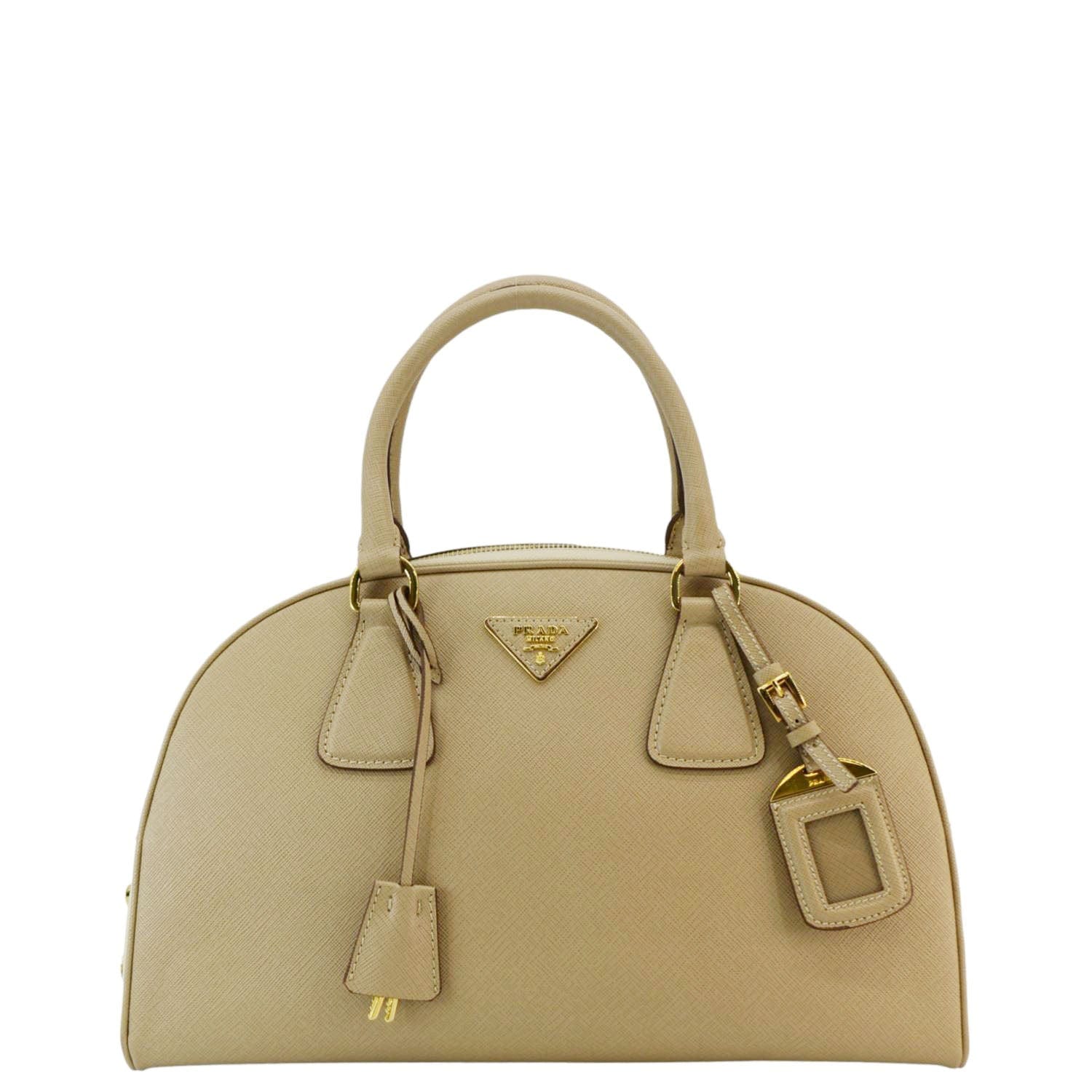 PRADA Bowling Medium Saffiano Leather Satchel Bag Cream