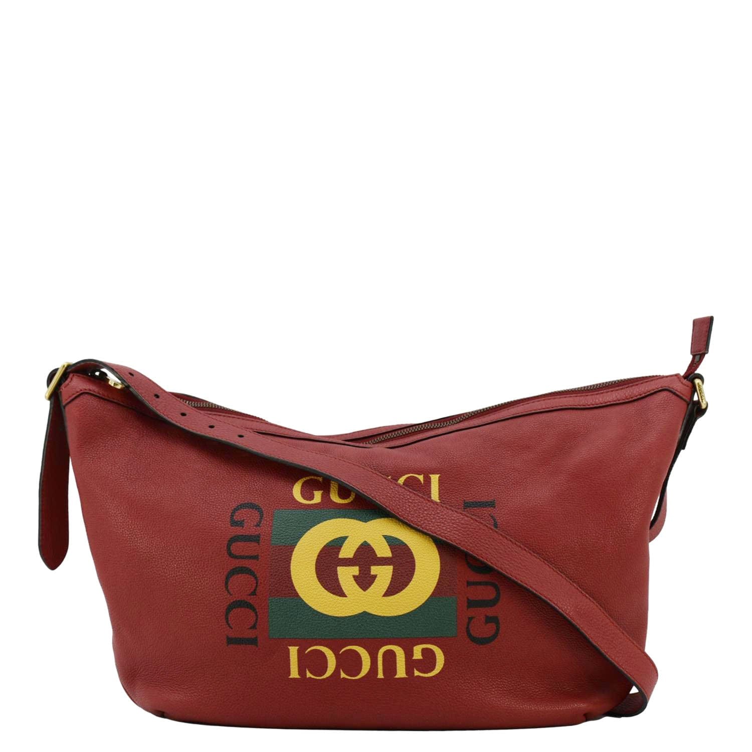 GUCCI Half Moon Logo Calfskin Leather Hobo Shoulder Bag Red 523588