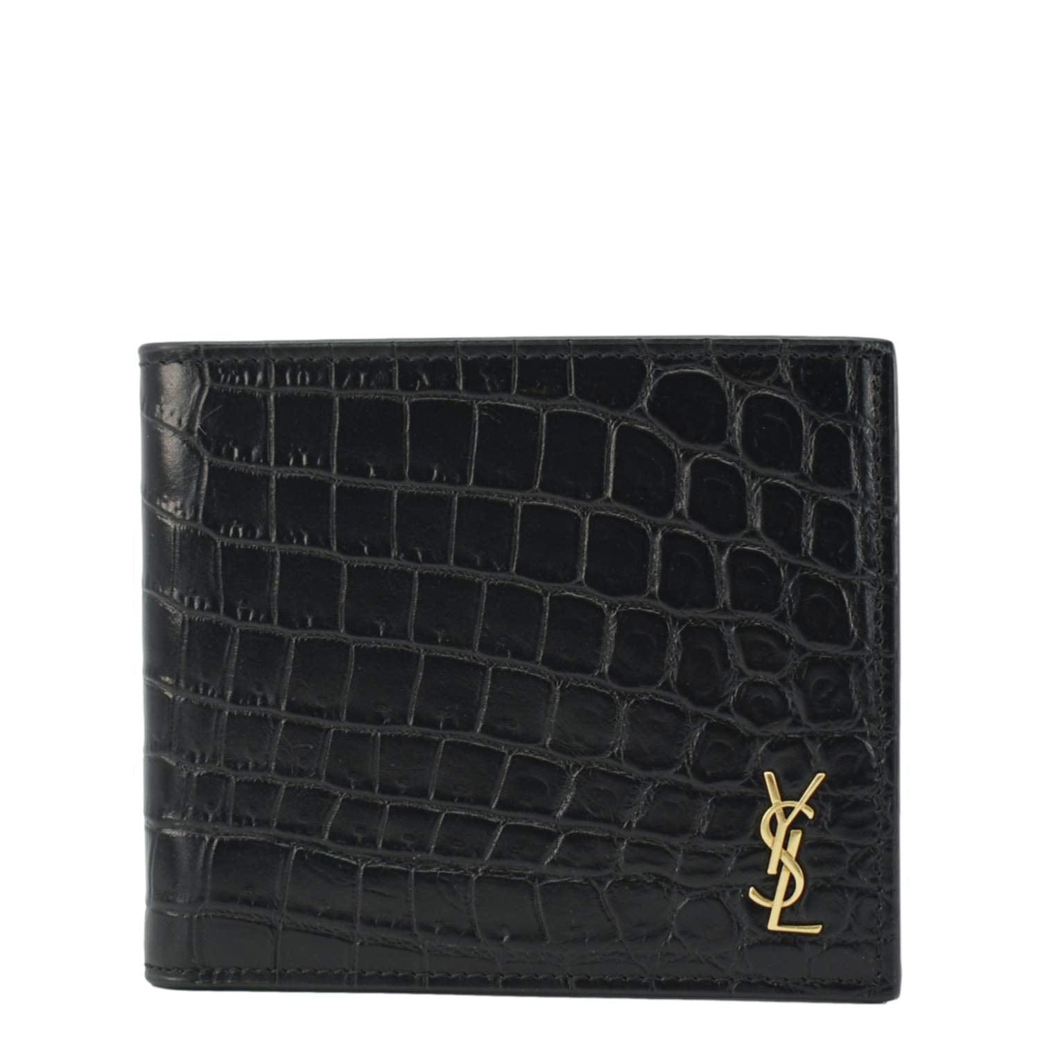 YVES SAINT LAURENT Crocodile Print Leather Billfold Wallet Black