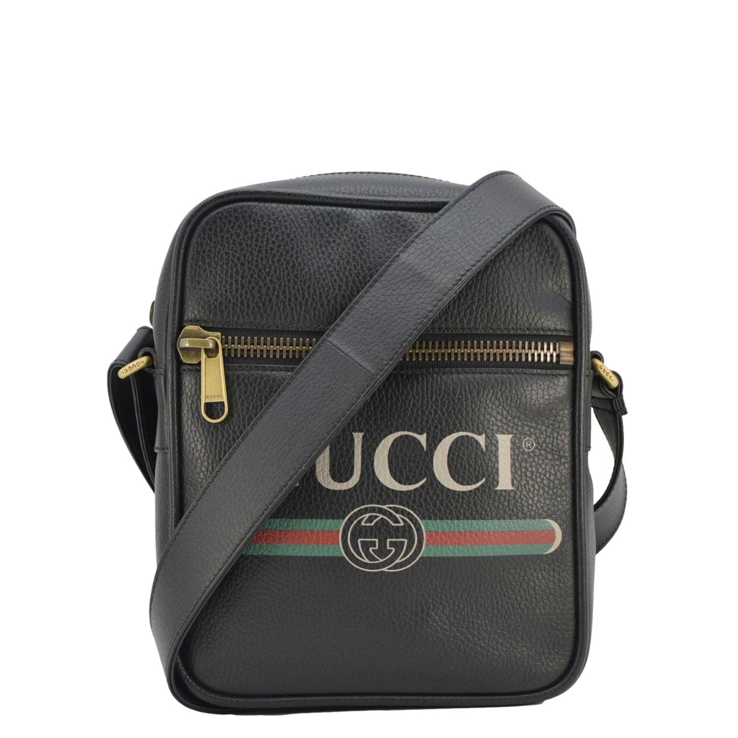 GUCCI Logo Grained Leather Messenger Bag Black 523591