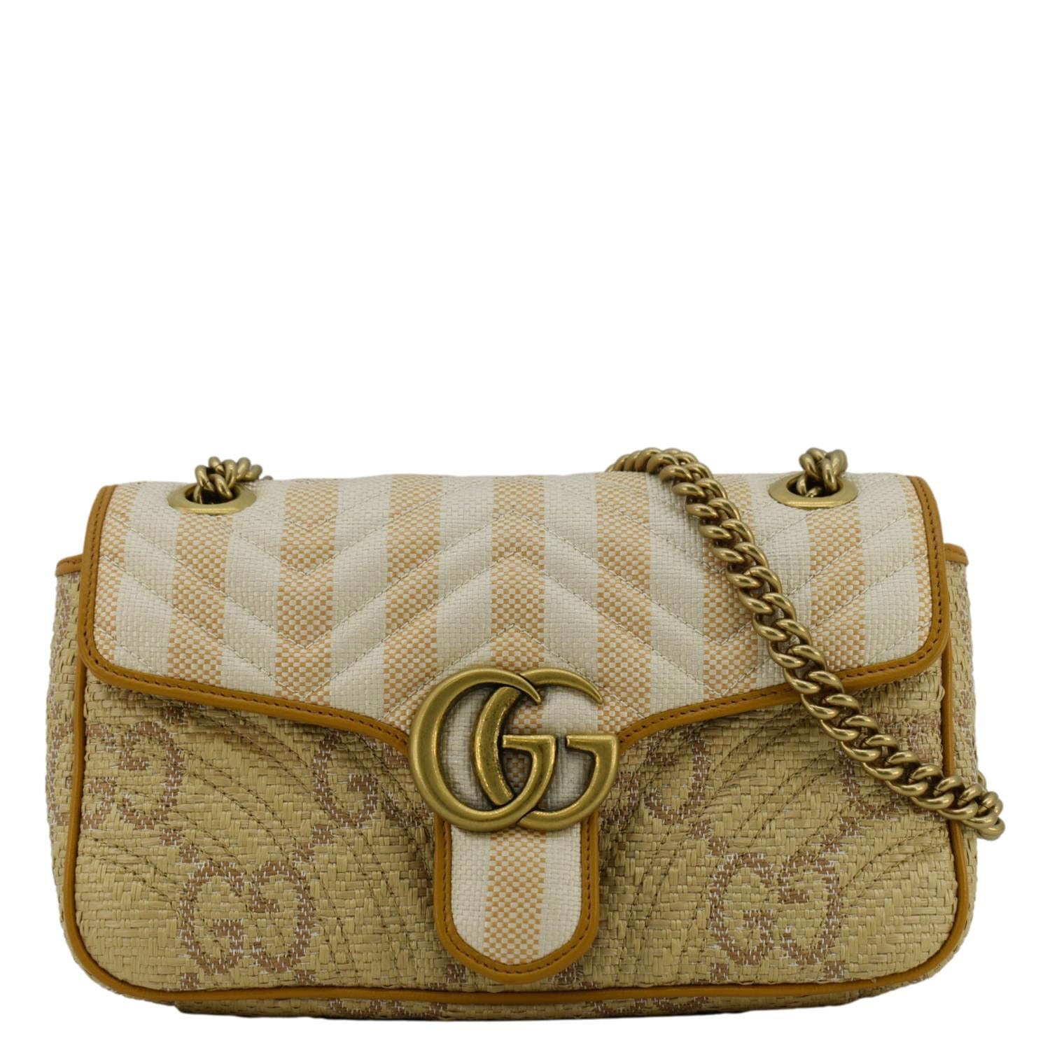 GUCCI GG Marmont Small Raffia Shoulder Bag Natural Beige 443497