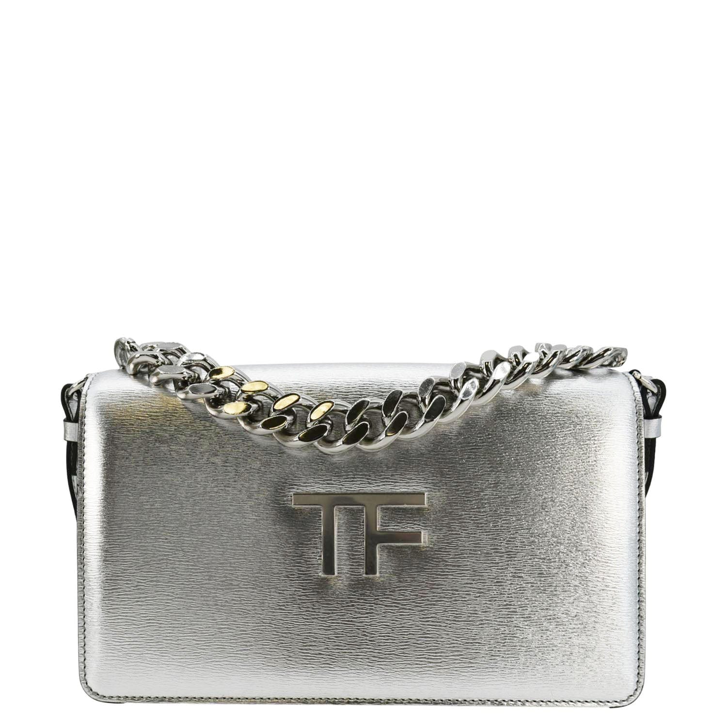 TOM FORD Metallic Palmellato Leather TF Chain Shoulder Bag Silver