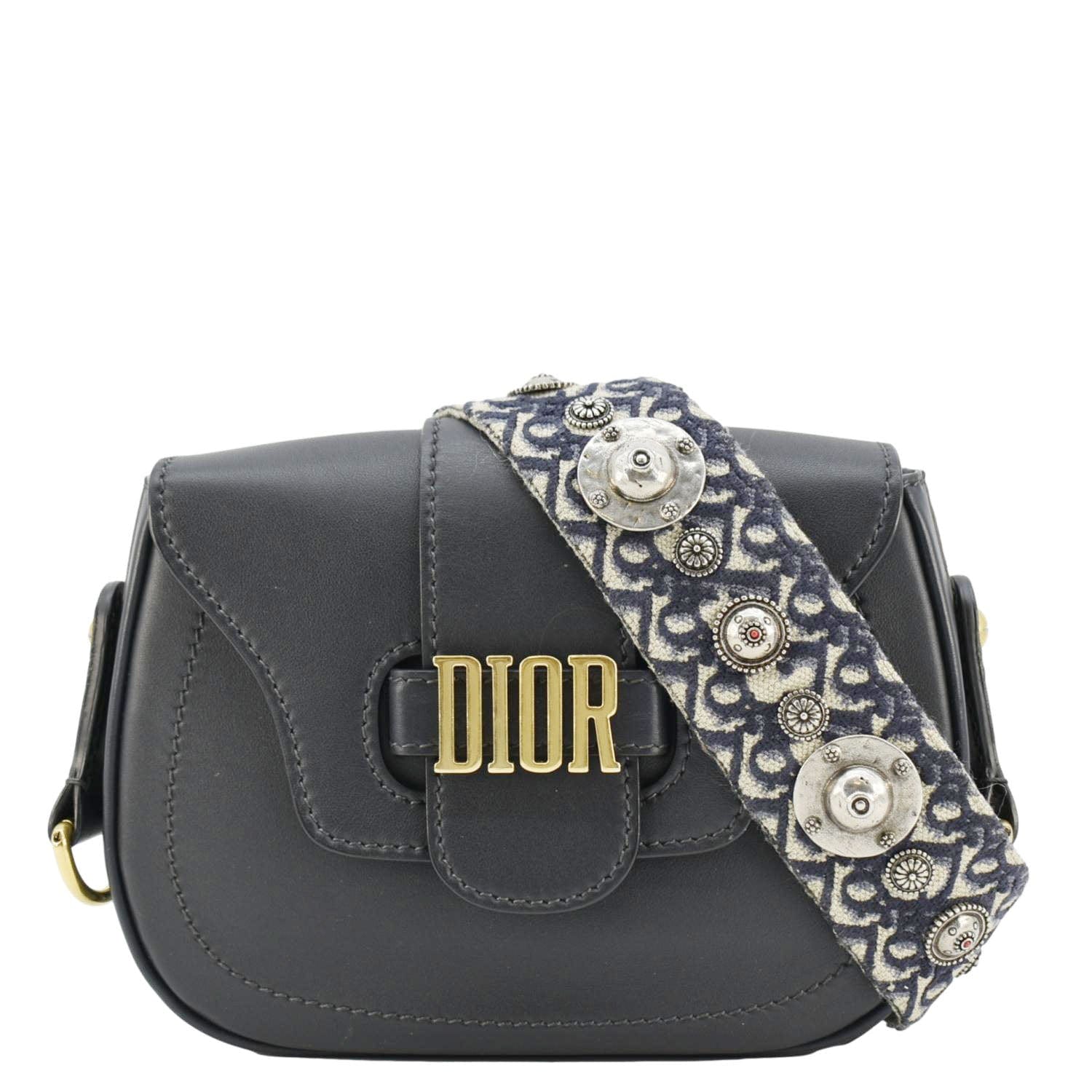 CHRISTIAN DIOR D Fence Calfskin Leather Saddle Bag Black