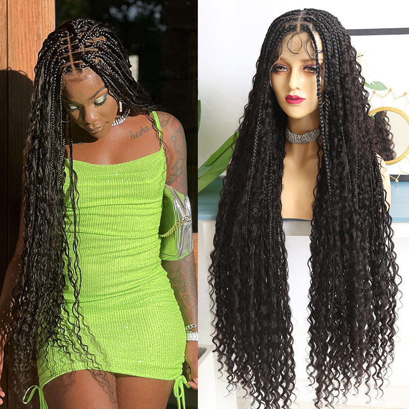 Diamond Transparent Lace Wig Crochet Knotless Bohemian Braided Wig with Burmese Human Hair Curls