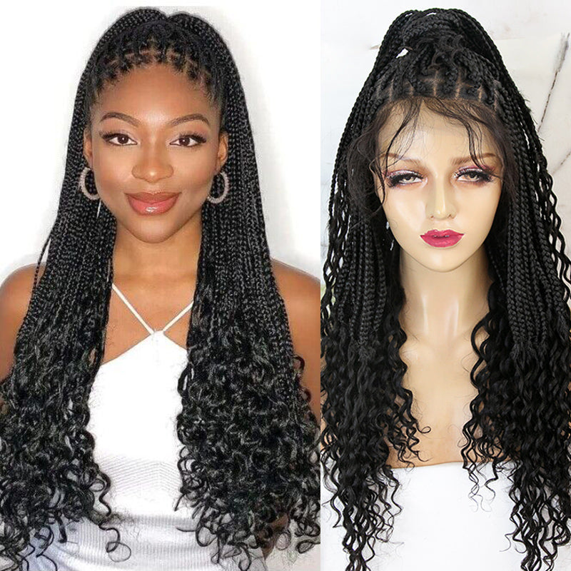 Diamond Transparent Lace Wig Crochet Knotless Curly Ends Braided Wig with Burmese Human Hair Curls