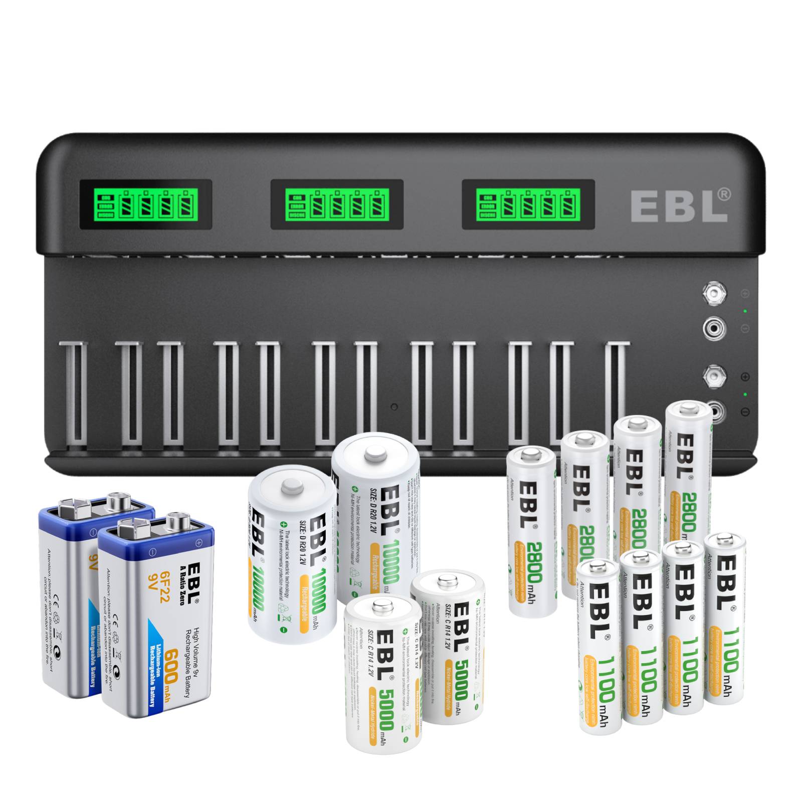 EBL 12+2 Bay Universal Battery Charger and AA AAA C D 9V Rechargeable Batteries