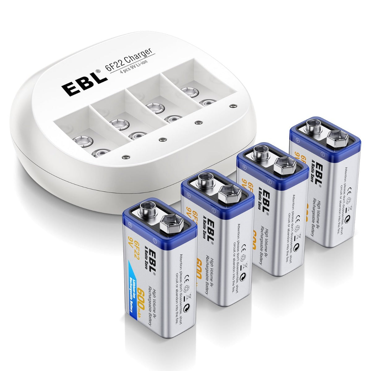 EBL 4 Packs 600mAh 9V Li-ion Batteries with 4 Bay 9V Charger