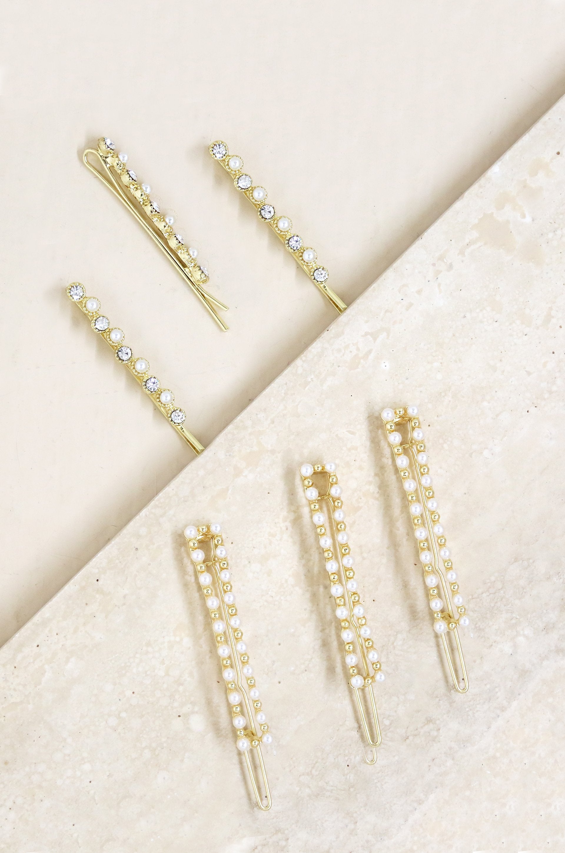 Pearl and Clear Crystal Mixed Hair Pin Set of 6 - Pearl