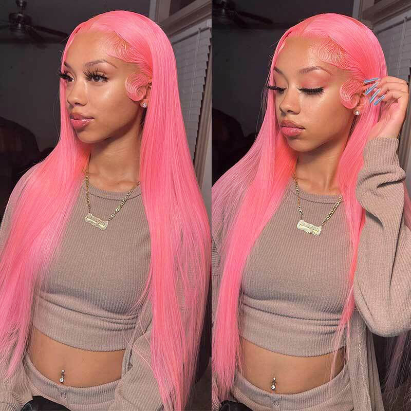 Pink Wig Straight Wigs Long Wig Pre Plucked Lace Front Wigs Human Hair Wig 150% Density