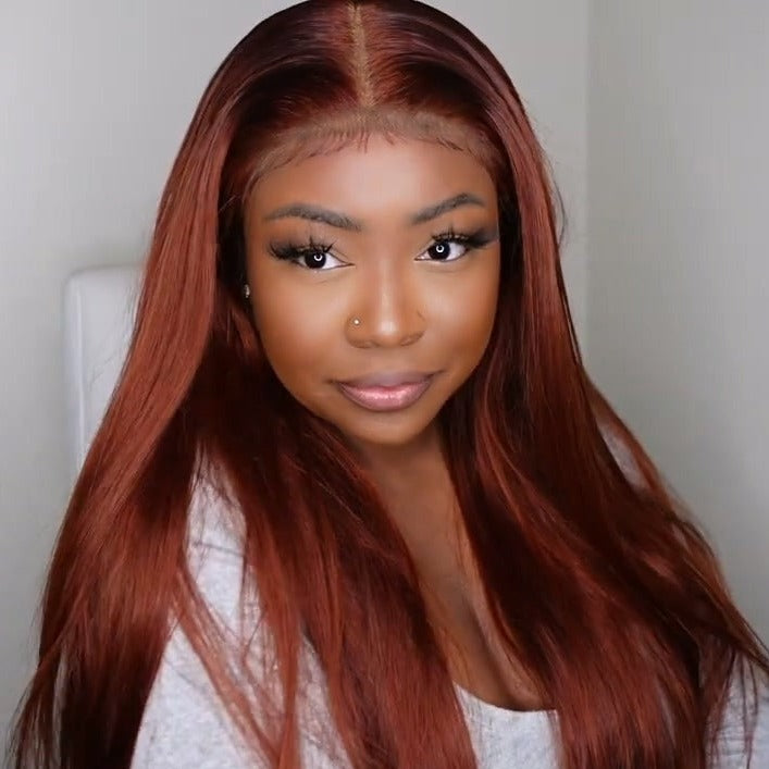 Wear & Go Reddish Brown Straight Wig Transparent Lace Front Wigs 100% Human Hair