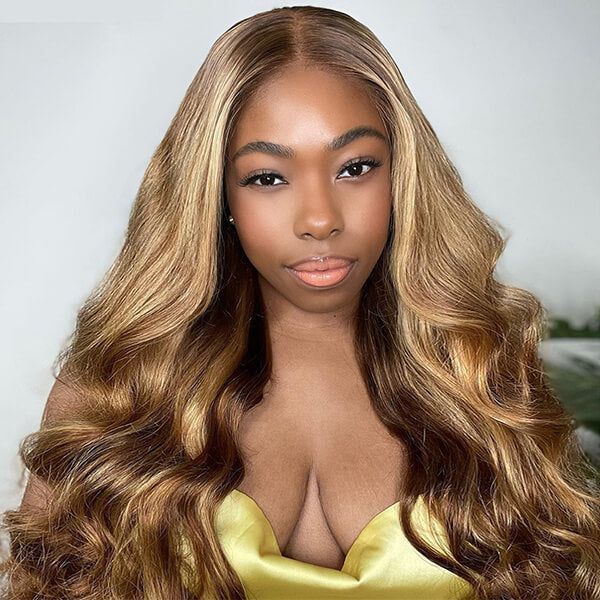 Wear & Go Honey Blonde Highlight Color Silky Body Wave Wig Transparent Frontal HD Lace Glueless Wig