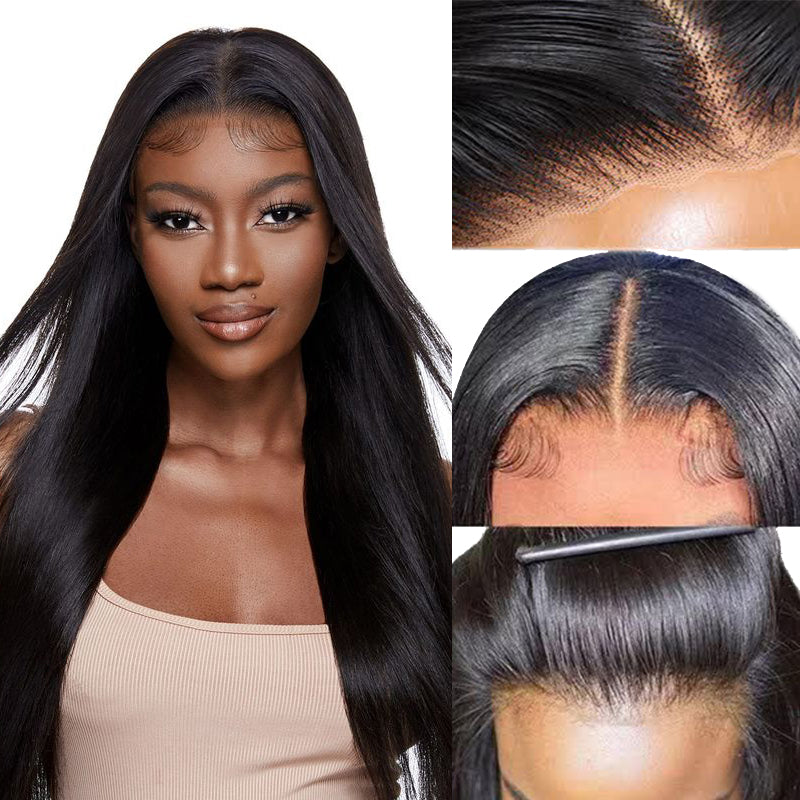 Pre-Cut Glueless Wig Natual Black Straight Human Hair Beginner Wear & Go Wigs