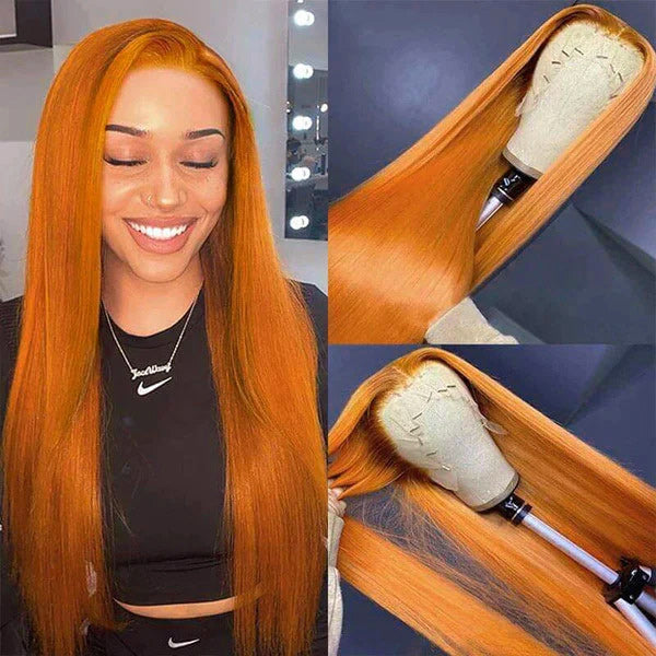 Ginger Orange Color 13x4 Transparent Lace Frontal Wigs Straight Human Hair With Baby Hair