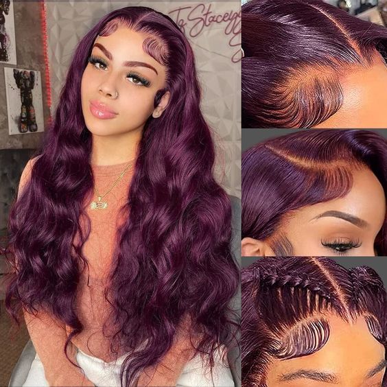 New Color Deep Purple Color Body Wave Wig Transparent Frontal HD Lace Wig 180% Density Hair Wig