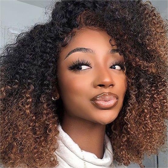 Ombre Color Curly Wig Lace Closure Wig Black With Medium Brown Human Hair Wig