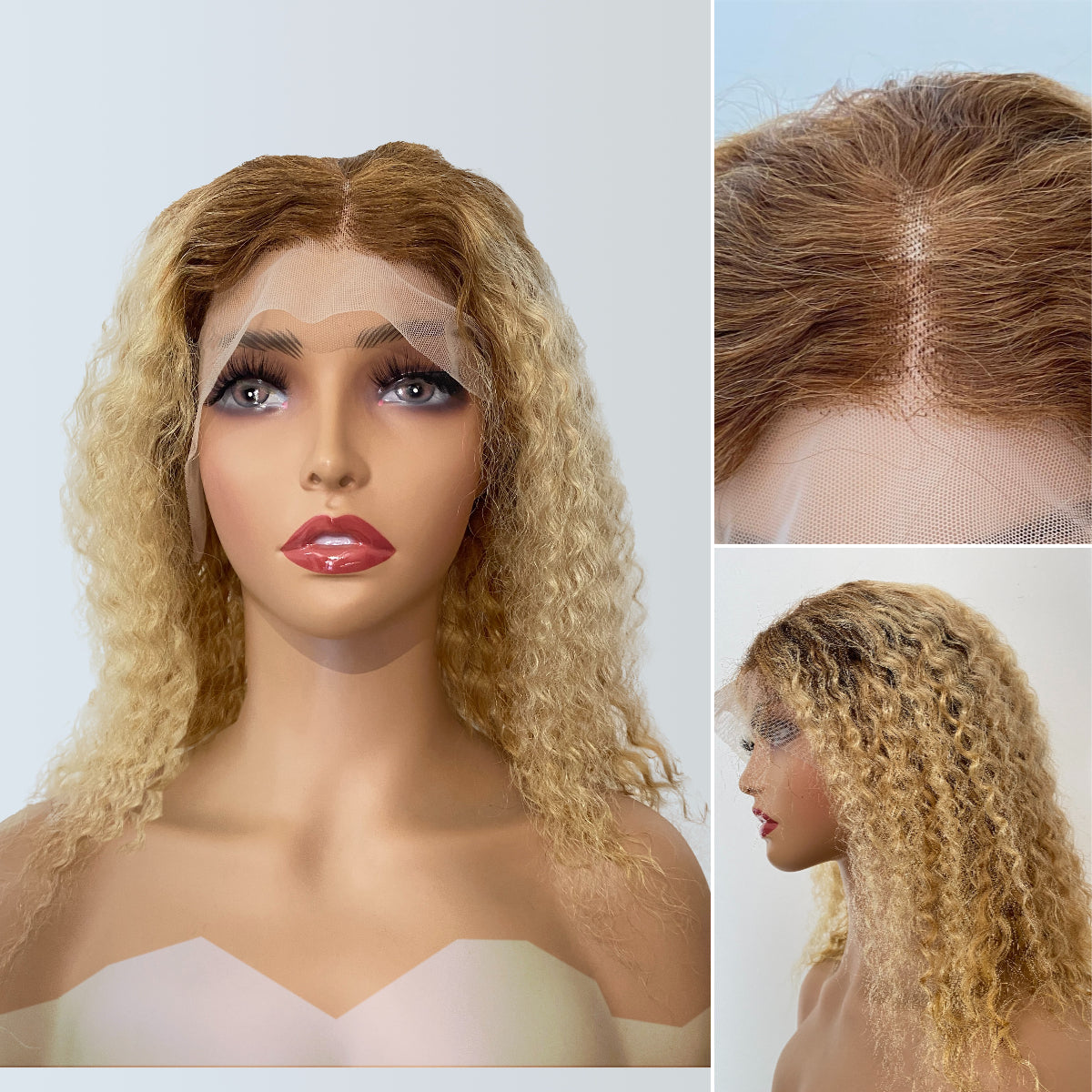 #5/27  Ombre Color Bob Wigs Curly HD Lace  Front Human Hair Wig