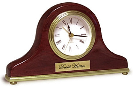 Piano-Finished Rosewood Mantle Clock with Brass Base and Engraved Plate