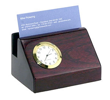 Piano-Finish Mahogany Business Card Holder with Clock